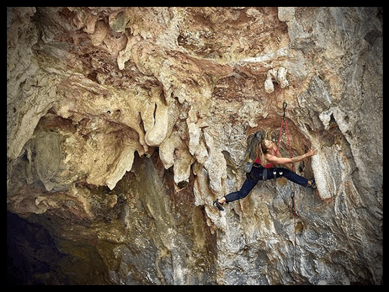 Karly Rager resting on Tu Felicidad, 5.11d, La Cueva del Tecolote, El Salto. Photo by Sevve Elliot
