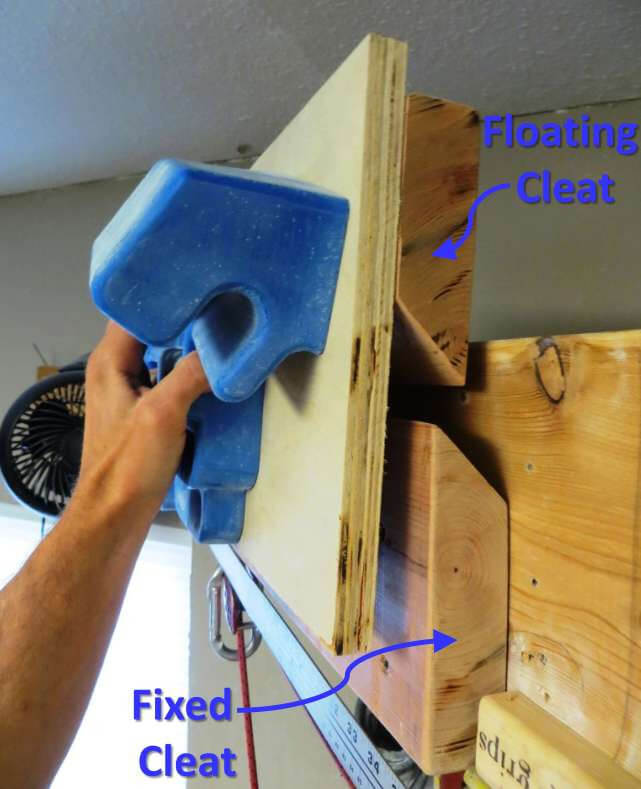 The French Cleat concept: The upper incut board (fastened to a piece of plywood and one half of the RPTC) hooks onto the lower, fixed incut board. This allows the upper unit to “float” freely from side to side along the fixed cleat.
