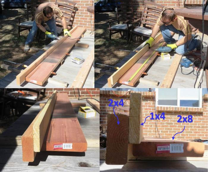 Building a guide (aka “fence”) out of a 2x4 and 1x4 to keep the circular saw aligned correctly during the rip cut. The 2x4 is fastened into the 2x8, and the 1x4 is fastened to the 2x4. Once the cut is complete, the 2x4 and 1x4 are removed.