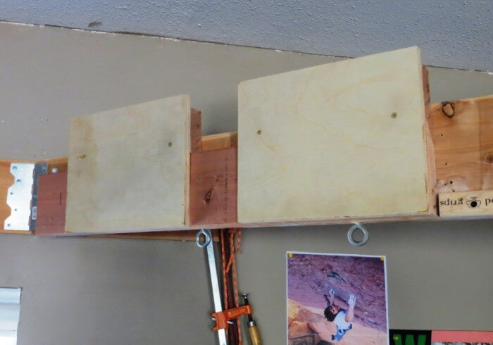 The two plywood rectangles attached to the floating cleats. Use two 2” screws for each plywood piece. More screws will be added later.