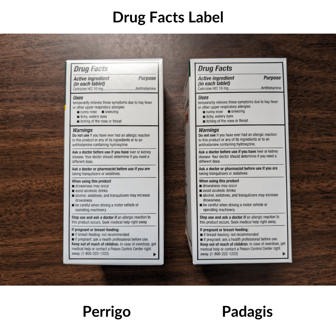 Perrigo Ceitizine vs Padagis Cetirizine Drug Facts