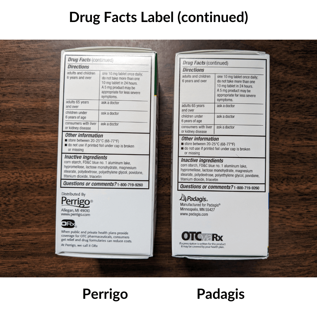 Perrigo Ceitizine vs Padagis Cetirizine Drug Facts 2